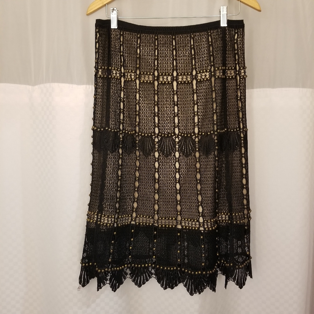 Kobi Halperin Lace Midi Skirt with Studs, Black/Nude, Size 10, NWT
